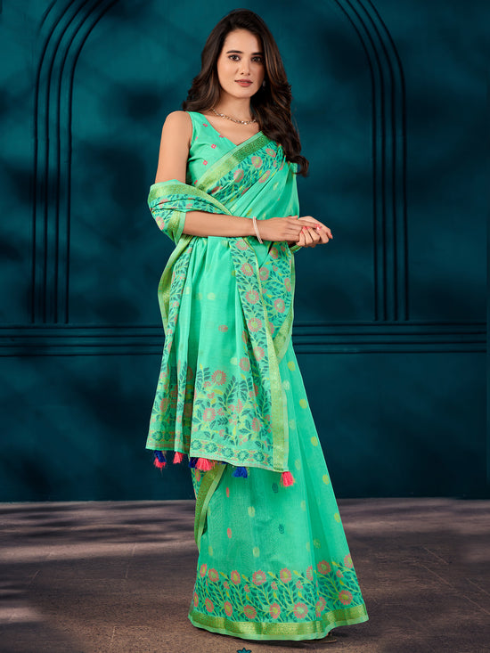 Saree Mall Women's Cotton Blend Turquoise Woven Design Designer Saree With Blouse Piece-MAHIRA135403