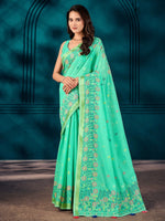 Saree Mall Women's Cotton Blend Turquoise Woven Design Designer Saree With Blouse Piece-MAHIRA135403