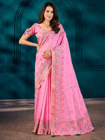 Saree Mall Women's Cotton Blend Pink Woven Design Designer Saree With Blouse Piece-MAHIRA135404