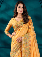 Saree Mall Women's Cotton Blend Yellow Woven Design Designer Saree With Blouse Piece-MAHIRA135405