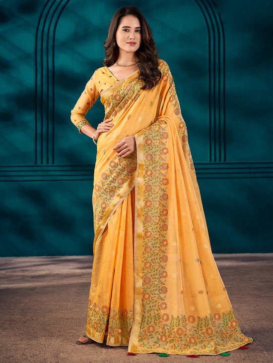 Saree Mall Women's Cotton Blend Yellow Woven Design Designer Saree With Blouse Piece-MAHIRA135405