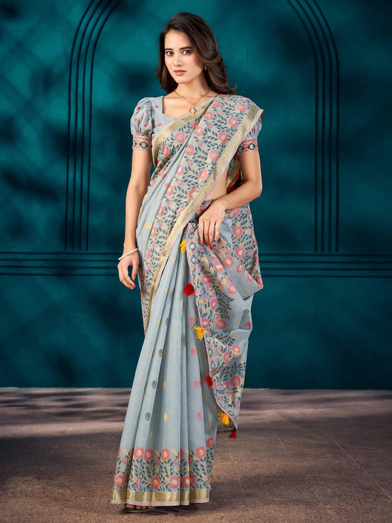 Saree Mall Women's Cotton Blend Grey Woven Design Designer Saree With Blouse Piece-MAHIRA135406