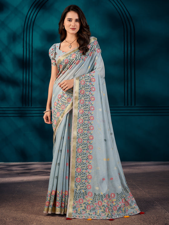 Saree Mall Women's Cotton Blend Grey Woven Design Designer Saree With Blouse Piece-MAHIRA135406