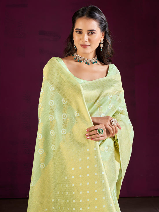 Saree Mall Women's Cotton Blend Light Green Woven Design Designer Saree With Blouse Piece-MALIKA88204