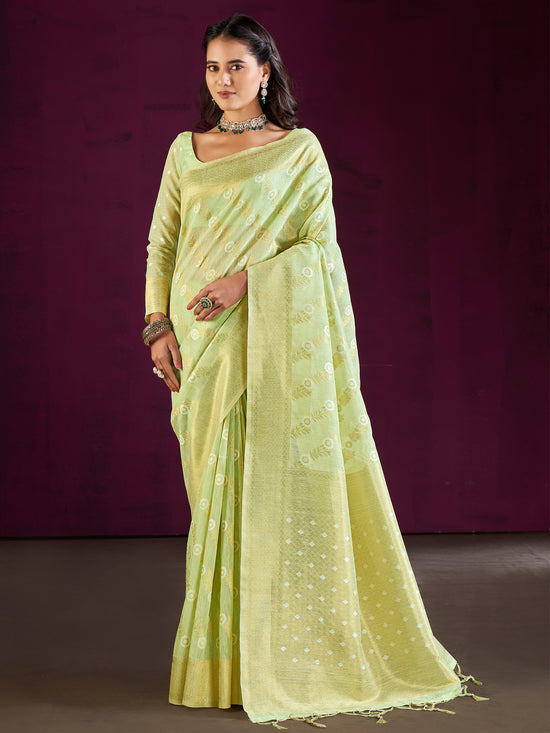 Saree Mall Women's Cotton Blend Light Green Woven Design Designer Saree With Blouse Piece-MALIKA88204