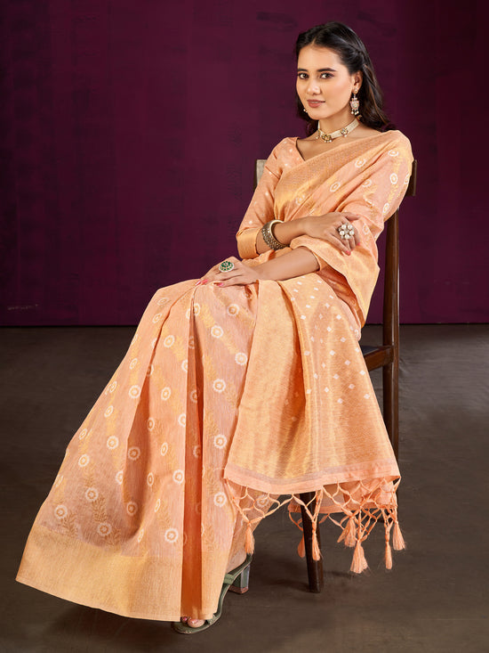 Saree Mall Women's Cotton Blend Peach Woven Design Designer Saree With Blouse Piece-MALIKA88205