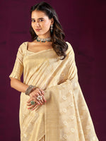 Saree Mall Women's Cotton Blend Cream Woven Design Designer Saree With Blouse Piece-MALIKA88206