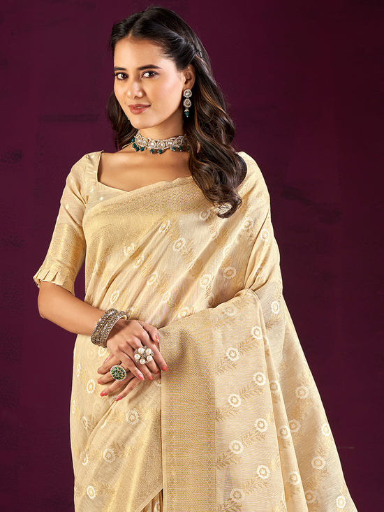 Saree Mall Women's Cotton Blend Cream Woven Design Designer Saree With Blouse Piece-MALIKA88206