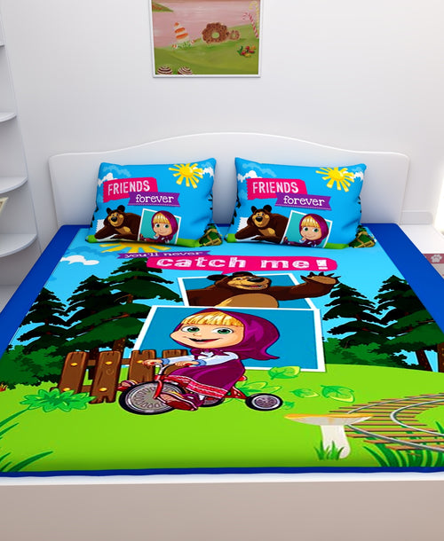 Athom Living Friends Forever Masha and The Bear Digital Printed Cotton Kids Double Bedsheet 270x270 cm with 2 Pillow Cover-MAS-03-241-D