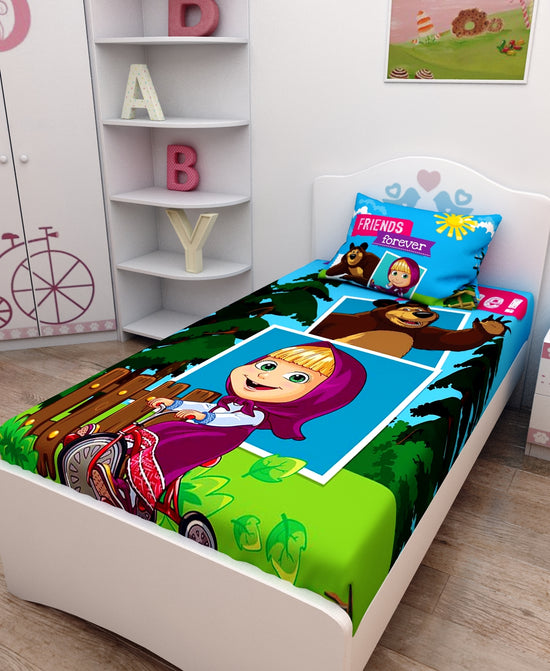 Athom Living Friends Forever Masha and The Bear Digital Printed Cotton Kids Single Bedsheet 147x223 cm with Pillow Cover-MAS-03-241-S