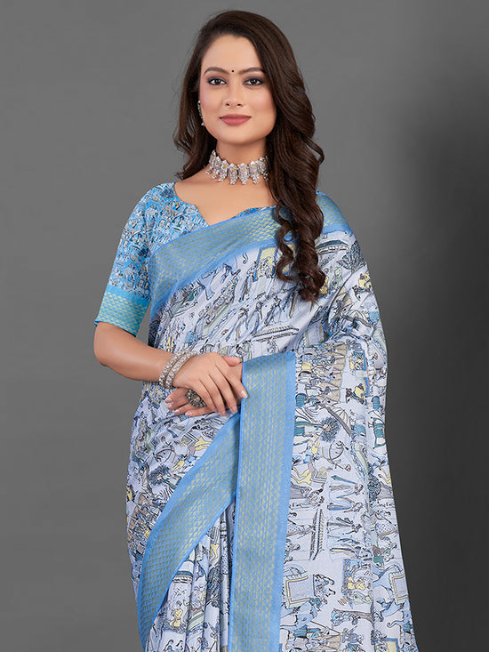 Saree Mall Women's Manipuri  Blue Printed Designer Saree With Blouse Piece-MGP01B