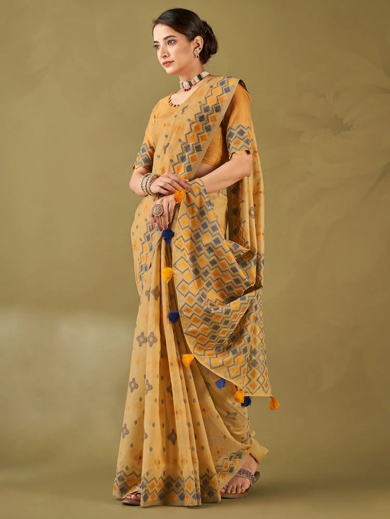 Saree Mall Women's Cotton Blend Beige Woven Design Designer Saree With Blouse Piece-MIHIKA81901