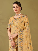 Saree Mall Women's Cotton Blend Beige Woven Design Designer Saree With Blouse Piece-MIHIKA81901