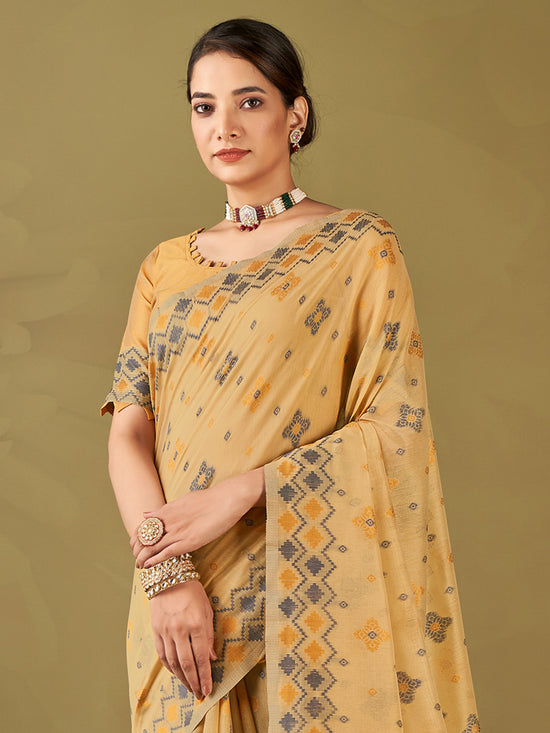 Saree Mall Women's Cotton Blend Beige Woven Design Designer Saree With Blouse Piece-MIHIKA81901