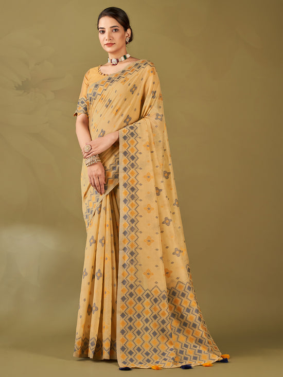 Saree Mall Women's Cotton Blend Beige Woven Design Designer Saree With Blouse Piece-MIHIKA81901