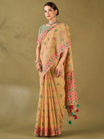 Saree Mall Women's Cotton Blend Beige Woven Design Designer Saree With Blouse Piece-MIHIKA81902