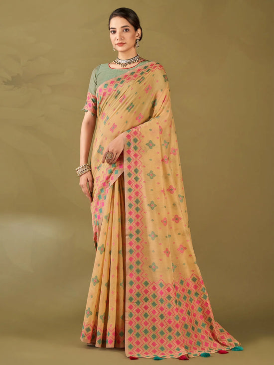 Saree Mall Women's Cotton Blend Beige Woven Design Designer Saree With Blouse Piece-MIHIKA81902