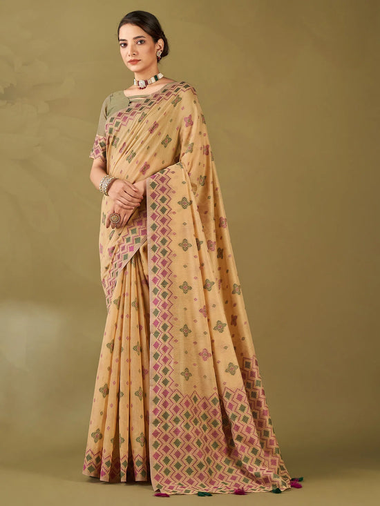 Saree Mall Women's Cotton Blend Beige Woven Design Designer Saree With Blouse Piece-MIHIKA81903