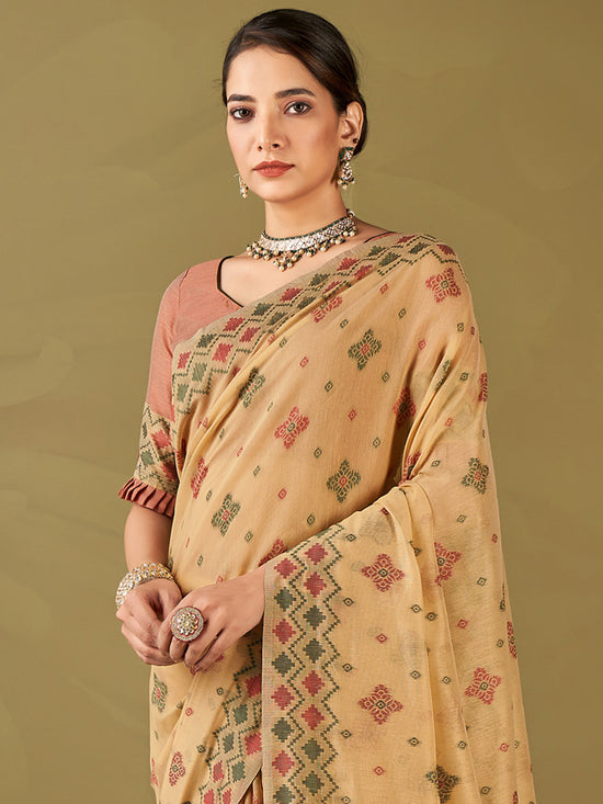 Saree Mall Women's Cotton Blend Beige Woven Design Designer Saree With Blouse Piece-MIHIKA81906