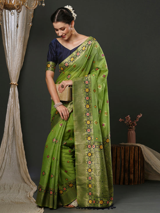 Saree Mall Women's Cotton  Green Woven Design Designer Saree With Blouse Piece-MILNO2001