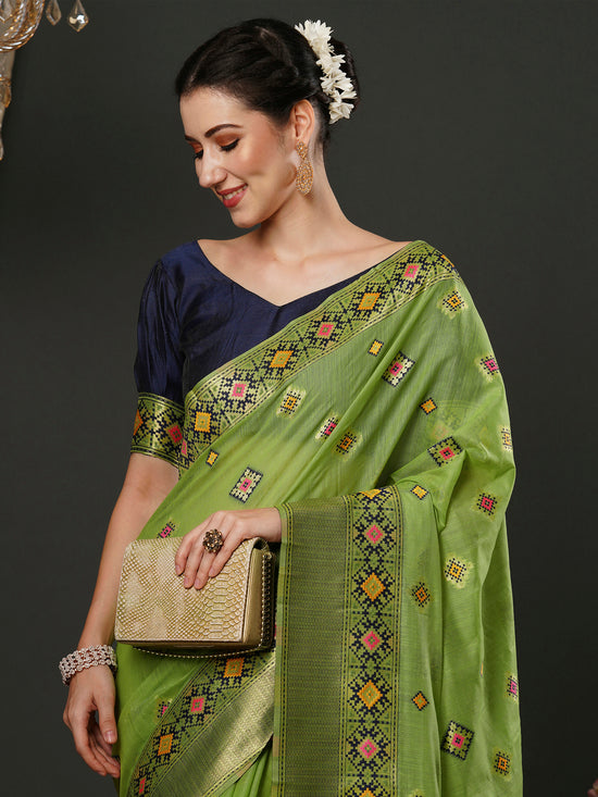 Saree Mall Women's Cotton  Green Woven Design Designer Saree With Blouse Piece-MILNO2001