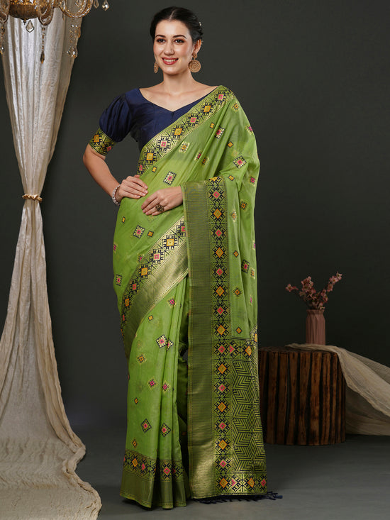 Saree Mall Women's Cotton  Green Woven Design Designer Saree With Blouse Piece-MILNO2001