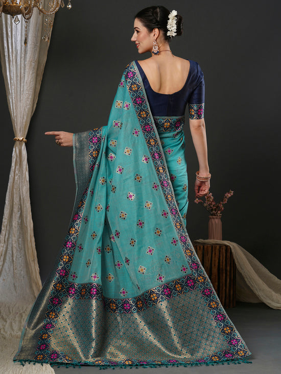 Saree Mall Women's Cotton  Blue Woven Design Designer Saree With Blouse Piece-MILNO4001