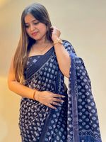 Saree Mall Women's Cotton Navy Blue Printed Designer Saree With Blouse Piece-MINAXI1001