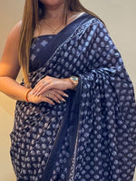 Saree Mall Women's Cotton Navy Blue Printed Designer Saree With Blouse Piece-MINAXI1001