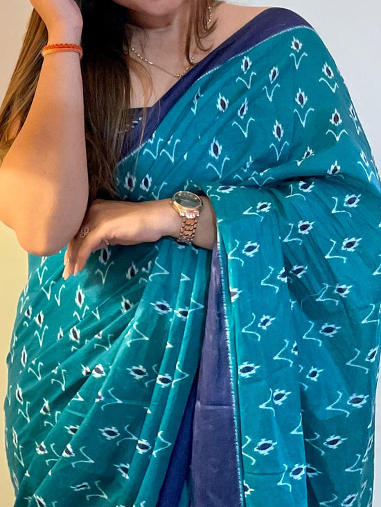 Saree Mall Women's Cotton Blue Printed Designer Saree With Blouse Piece-MINAXI1004