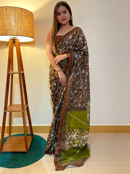 Saree Mall Women's Cotton Brown Printed Designer Saree With Blouse Piece-MINAXI1014