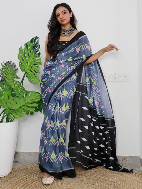 Saree Mall Women's Cotton Grey Printed Designer Saree With Blouse Piece-MINAXI1102