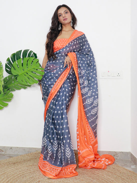 Saree Mall Women's Cotton Grey Printed Designer Saree With Blouse Piece-MINAXI1106