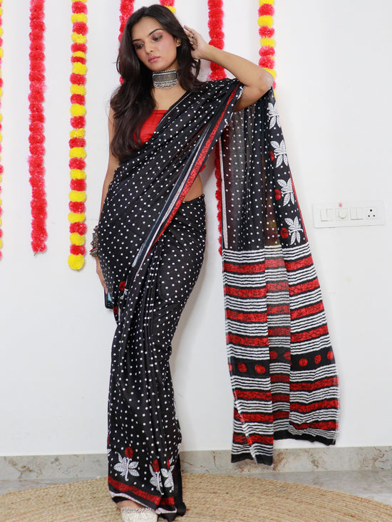 Saree Mall Women's Cotton Black Printed Designer Saree With Blouse Piece-MINAXI1210