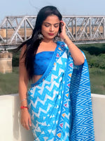 Saree Mall Women's Cotton Blue Printed Designer Saree With Blouse Piece-MINAXI1310