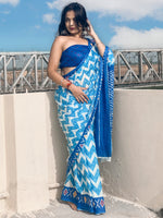 Saree Mall Women's Cotton Blue Printed Designer Saree With Blouse Piece-MINAXI1310