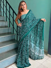 Saree Mall Women's Cotton Teal Blue Printed Designer Saree With Blouse Piece-MINAXI1503