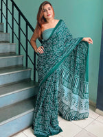 Saree Mall Women's Cotton Teal Blue Printed Designer Saree With Blouse Piece-MINAXI1503