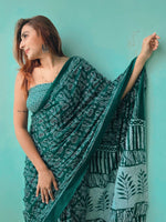 Saree Mall Women's Cotton Teal Blue Printed Designer Saree With Blouse Piece-MINAXI1503