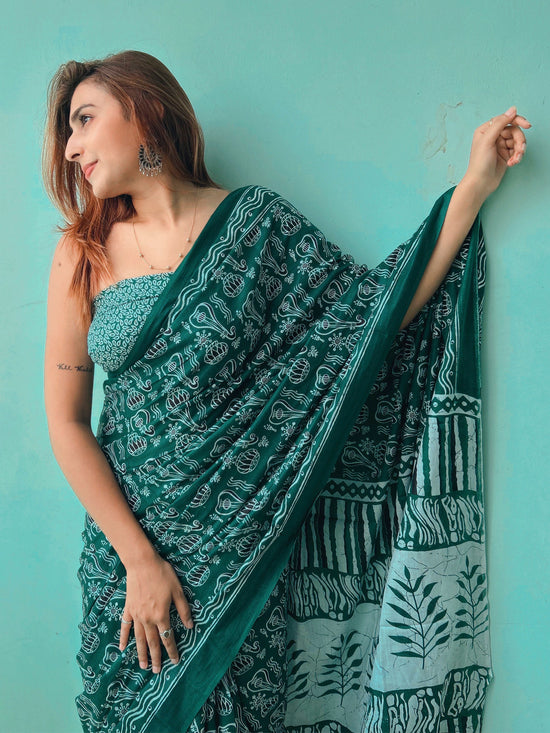 Saree Mall Women's Cotton Teal Blue Printed Designer Saree With Blouse Piece-MINAXI1503