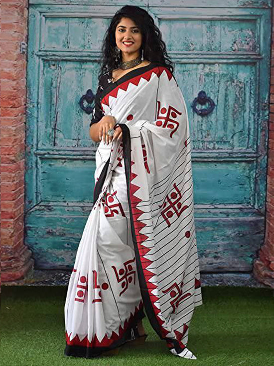 Saree Mall Women's Cotton White Printed Designer Saree With Blouse Piece-MINAXI1607