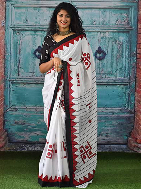 Saree Mall Women's Cotton White Printed Designer Saree With Blouse Piece-MINAXI1607