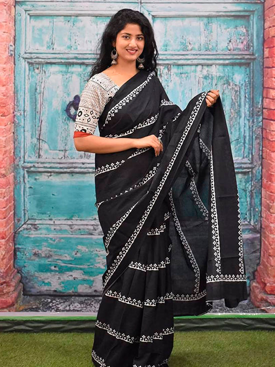 Saree Mall Women's Cotton Black Printed Designer Saree With Blouse Piece-MINAXI1702