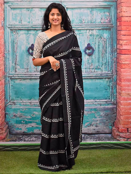 Saree Mall Women's Cotton Black Printed Designer Saree With Blouse Piece-MINAXI1702