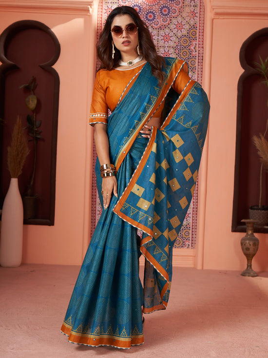 Saree Mall Women's Cotton Light Blue Embellished Designer Saree With Blouse Piece-MINAXI2401