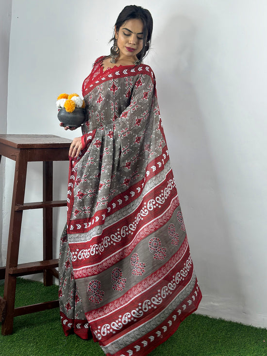 Saree Mall Women's Cotton Grey Printed Designer Saree With Blouse Piece-MINAXI2901