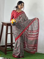 Saree Mall Women's Cotton Grey Printed Designer Saree With Blouse Piece-MINAXI2901