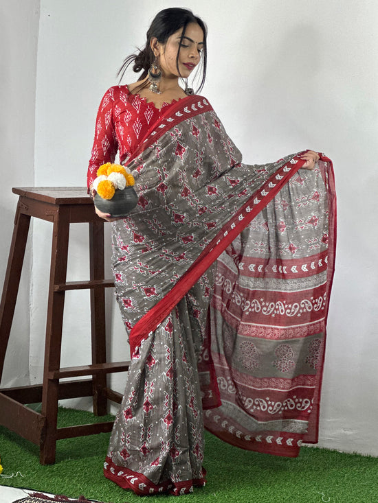 Saree Mall Women's Cotton Grey Printed Designer Saree With Blouse Piece-MINAXI2901