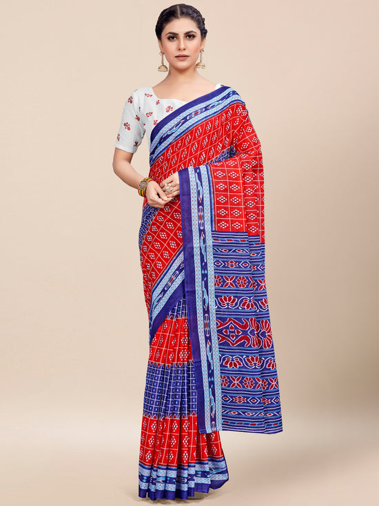 Saree Mall Women's Cotton Red Printed Designer Saree With Blouse Piece-MINAXI3010