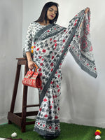 Saree Mall Women's Cotton White Printed Designer Saree With Blouse Piece-MINAXI3101